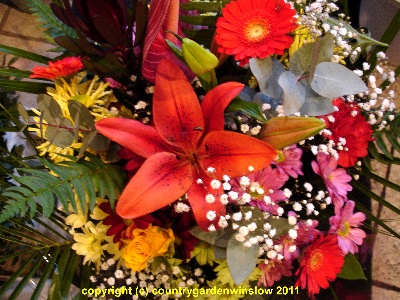 Watermelon burst. AQUA 6 Bouquet of Orange Lillies, Red Carnations and Pink Chrysants